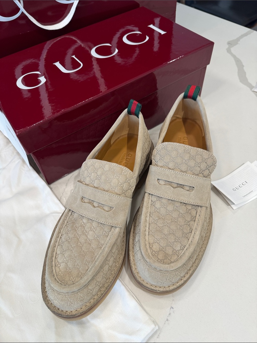 Gucci MEN Beige Suede Micro GG Monogram Penny Loafers  Oatmeal EUR 9.5 US 10.5 - Picture 3 of 16